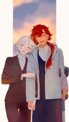 Rule 34 | 2girls, absurdres, aged up, ahoge, arm grab, blazer, casual, closed eyes, couple, crutch, formal, gundam, gundam suisei no majo, hair between eyes, hand on another&#039;s arm, height difference, highres, holding crutch, holding hands, jacket, laughing, low ponytail, miorine rembran, multiple girls, noitamina 12, official alternate hair length, official alternate hairstyle, open mouth, red hair, short hair, smile, spoilers, suit, suletta mercury, twilight, white hair, yuri