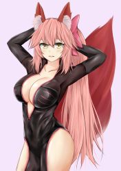 Rule 34 | 1girl, absurdres, animal ears, arm behind back, bow, breasts, choker, cleavage, collarbone, fate/grand order, fate (series), fox ears, fox tail, glasses, hair bow, hand in own hair, highres, koyanskaya (assassin) (first ascension) (fate), koyanskaya (fate), large breasts, long hair, looking at viewer, open mouth, pink background, pink hair, side ponytail, simple background, solo, tail, tamamo (fate), very long hair, yellow eyes, yuyusuika