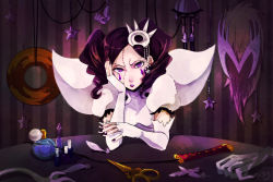 Rule 34 | 1girl, bad id, bad pixiv id, bleach, bottle, cirucci sanderwicci, elbow gloves, facial mark, feathers, fingerless gloves, gloves, hair ornament, looking at viewer, nail polish, nail polish bottle, perfume bottle, puffy short sleeves, puffy sleeves, purple eyes, purple hair, purple nails, ronisuke, scissors, short sleeves, short twintails, solo, stitches, table, teardrop tattoo, twintails, whip, zombie
