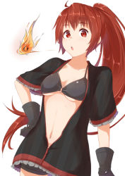 Rule 34 | 1girl, bad id, bad pixiv id, bike shorts, blowing, blush, breasts, fire, gloves, hand on own hip, long hair, looking at viewer, o-ring, o-ring top, open clothes, open mouth, open shirt, original, partially open shirt, ponytail, red eyes, red hair, shirt, shorts, solo, yuuzuki (re&#039;ef)