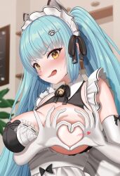 Rule 34 | 1girl, animal ears, apron, bell, black bow, blue hair, blush, bow, breasts, cat ears, elbow gloves, fake animal ears, frilled apron, frills, gloves, goddess of victory: nikke, heart, heart-shaped boob challenge, heart hands, highres, large breasts, long hair, looking at viewer, low neckline, maid, maid apron, maid headdress, neck bell, nishinokyo, open mouth, paw hair ornament, paw print, privaty (nikke), privaty (unkind maid) (nikke), twintails, white apron, white gloves, yellow eyes