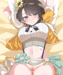 Rule 34 | 1girl, aqua eyes, arms behind head, arms up, bar censor, bed sheet, beret, blush, bottomless, breasts, brown hair, censored, commentary request, corset, crop top, cropped, cropped shirt, curvy, flower, gluteal fold, groin, hair flower, hair ornament, hat, hololive, large breasts, looking at viewer, lying, midriff, mp150 plus, narrow waist, navel, official alternate costume, on back, oozora subaru, oozora subaru (starlight), paid reward available, parted lips, pussy, shirt, short hair, short sleeves, skirt, smile, solo, striped clothes, striped shirt, sunflower, sunflower hair ornament, suspenders, swept bangs, thick thighs, thighs, underbust, vertical-striped clothes, vertical-striped shirt, virtual youtuber, waist cape, white hat, white skirt, wide hips, yellow shirt