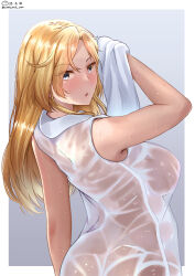 Rule 34 | 1girl, blonde hair, breasts, collared shirt, grey eyes, highres, holding, holding towel, hornet (kancolle), kantai collection, large breasts, long hair, no bra, shiromaru (maniado), shirt, sleeveless, sleeveless shirt, solo, towel, upper body, wasp, wet, wet clothes, white shirt
