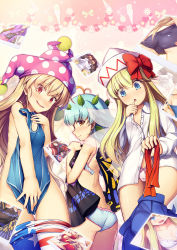 Rule 34 | 3girls, american flag legwear, aqua hair, blonde hair, blue eyes, blue one-piece swimsuit, blue panties, blue skirt, blush, brown eyes, butterfly wings, buttons, chima q, closed mouth, clownpiece, collared shirt, eternity larva, fairy, fairy wings, hair between eyes, hat, highres, insect wings, lily white, long hair, long sleeves, multiple girls, one-piece swimsuit, open mouth, panties, pantyhose, photo (object), pink panties, polka dot, polka dot panties, red eyes, shirt, short hair, skirt, smile, star (symbol), star print, striped clothes, striped pantyhose, swimsuit, touhou, underwear, white headwear, white shirt, wings