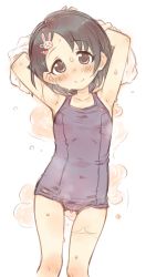 Rule 34 | 10s, 1girl, 7010, black hair, blush, brown eyes, rabbit hair ornament, hair ornament, hairclip, idolmaster, idolmaster cinderella girls, looking at viewer, one-piece swimsuit, sasaki chie, school swimsuit, short hair, simple background, smile, solo, swimsuit, towel, water, wet, white background