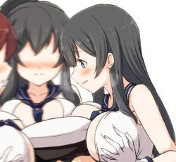 Rule 34 | 10s, 3girls, admiral (kancolle), agano (kancolle), bad id, bad pixiv id, black hair, blush, braid, breast smother, breasts, brown hair, engiyoshi, face to breasts, girl sandwich, gloves, green eyes, hat, kantai collection, large breasts, long hair, multiple girls, noshiro (kancolle), open mouth, sandwiched, school uniform, white gloves, yahagi (kancolle)