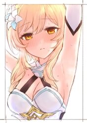 Rule 34 | 1girl, arm up, armpits, arms up, blonde hair, blush, breasts, cleavage, detached sleeves, dress, flower, genshin impact, hair between eyes, hair flower, hair ornament, looking at viewer, lumine (genshin impact), medium breasts, nose blush, orange eyes, parted lips, sbs, short hair with long locks, simple background, sketch, solo, sweat, upper body, white background, white dress, white flower
