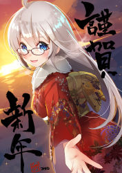 Rule 34 | 1girl, :d, absurdres, ahoge, backlighting, blue eyes, blush, breasts, brown-framed eyewear, commentary request, dutch angle, evening, floral print, fur collar, glasses, glint, hair between eyes, happy new year, highres, japanese clothes, kimono, long hair, long sleeves, looking at viewer, new year, obi, open mouth, original, outdoors, outstretched hand, print kimono, red kimono, sanpaku, sash, sidelocks, silver hair, small breasts, smile, solo, sunset, wide sleeves, yamacchi
