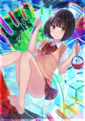 Rule 34 | 1girl, ass, bad id, bad pixiv id, barefoot, black eyes, black hair, blunt bangs, blush, bob cut, bow, bowtie, breasts, chemical structure, closed mouth, colorful, commentary, dress shirt, erlenmeyer flask, flask, highres, holding, holding flask, holding test tube, liquid, looking at viewer, medium breasts, multicolored background, no panties, plaid, plaid skirt, pleated skirt, raised eyebrows, red bow, red bowtie, red skirt, school uniform, shirt, short hair, skirt, smile, solo, striped bow, striped bowtie, striped clothes, striped neckwear, sweater vest, tanbonota46, test tube, white shirt, yellow sweater vest