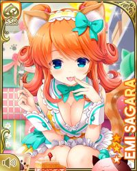 Rule 34 | 1girl, animal ears, apron, blue eyes, bow, breasts, cat ears, cat tail, chair, character name, cleavage, closed mouth, cyan bow, dress, fake animal ears, fake tail, fork, girlfriend (kari), gradient hair, hair bow, hair ornament, holding, holding fork, indoors, jewelry, kneeling, large breasts, looking at viewer, maid, medium hair, multicolored hair, official art, orange hair, orange tail, qp:flapper, red hair, restaurant, sagara emi, smile, solo, table, tail, tareme, thighhighs, tongue, tongue out, two side up, window, yellow dress