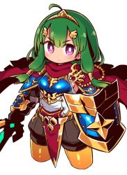 Rule 34 | 1girl, ahoge, blush, breasts, bright pupils, chibi, closed mouth, etrian odyssey, full body, green hair, holding, holding shield, holding sword, holding weapon, long hair, looking at viewer, medium breasts, naga u, orange pantyhose, pantyhose, purple eyes, shield, simple background, solo, sword, twintails, v-shaped eyebrows, weapon, white background