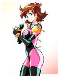 Rule 34 | 1girl, absurdres, blue eyes, bodysuit, breasts, brown hair, clenched hands, commentary request, g gundam, gundam, hairband, highres, ishiyumi, jewelry, large breasts, looking at viewer, looking to the side, mobile trace suit, neck ring, pink bodysuit, rain mikamura, short hair, skin tight, smile, solo