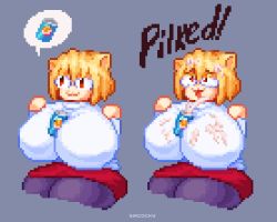 Rule 34 | 1girl, :3, alternate breast size, animal ears, between breasts, breasts, can, cat ears, commentary, cum, drink can, facial, huge breasts, melty blood, neco-arc, orange hair, pixel art, red eyes, self-upload, sircockyy, soda can, solo, spoken object, suggestive fluid, tsukihime