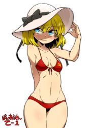 Rule 34 | 1girl, adjusting clothes, adjusting headwear, aono3, arm behind back, bikini, black bow, black ribbon, blush, bow, breasts, commentary request, cowboy shot, emblem, fang, front-tie bikini top, front-tie top, frown, girls und panzer, hat, hat bow, hat ribbon, katyusha (girls und panzer), looking away, navel, pravda (emblem), print bikini, red bikini, ribbon, short hair, simple background, small breasts, solo, standing, sun hat, swimsuit, translation request, white background, white hat