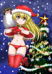 Rule 34 | 1girl, artist name, bell, bikini, blonde hair, blue sky, boots, caesar (girls und panzer), capelet, carpaccio (girls und panzer), character doll, christmas, christmas lights, christmas tree, closed mouth, commentary request, cursive, floating, fur-trimmed capelet, fur trim, garland (decoration), girls und panzer, gloves, green eyes, hat, highres, holding, holding sack, holly, legs up, lichyiblue, long hair, looking at viewer, medium hair, merry christmas, navel, night, night sky, over shoulder, partial commentary, red capelet, red footwear, red gloves, red hat, red thighhighs, sack, santa bikini, santa boots, santa costume, santa gloves, santa hat, side-tie bikini bottom, signature, sky, smile, solo, sparkle, star (sky), star ornament, starry sky, swimsuit, thigh gap, thighhighs
