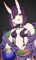 Rule 34 | 1girl, bare shoulders, breasts, esu (transc), eyeliner, fang, fate/grand order, fate (series), highres, horns, japanese clothes, kimono, looking at viewer, makeup, obi, oni, open mouth, purple eyes, purple hair, purple kimono, revealing clothes, sash, short hair, shuten douji (fate), skin-covered horns, small breasts, smile, solo