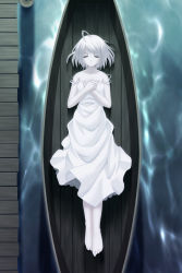 Rule 34 | 1girl, artist request, boat, death, dress, funeral, rino (white clarity), solo, water, white clarity, white dress, white hair