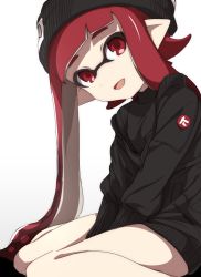 Rule 34 | 1girl, arms between legs, beanie, black hat, black shirt, blunt bangs, commentary, hat, inkling, inkling girl, inkling player character, leaning forward, logo, long hair, long sleeves, looking at viewer, mask, nintendo, no pants, open mouth, pointy ears, red eyes, red hair, shirt, simple background, sitting, smile, solo, takeko spla, tentacle hair, v arms, wariza, white background