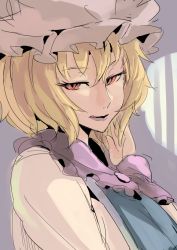 Rule 34 | 1girl, blonde hair, dress, hand in own hair, hat, licking lips, looking at viewer, mob cap, red eyes, sinzan, solo, tabard, tongue, tongue out, touhou, upper body, white dress, yakumo ran