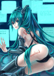 Rule 34 | 1girl, absurdres, ass, bad id, bad pixiv id, character name, copyright name, detached sleeves, ethanol (8521966), green eyes, green hair, hatsune miku, highres, long hair, looking back, matching hair/eyes, revision, solo, tattoo, thighhighs, very long hair, vocaloid