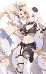 Rule 34 | 2girls, :d, anchor choker, asymmetrical clothes, asymmetrical pants, black gloves, black headwear, black shirt, blonde hair, blue eyes, blue skirt, blush, boot straps, breasts, choker, cleavage, dolphin, fate/grand order, fate (series), fingerless gloves, gloves, hat, highres, jeanne d&#039;arc (fate), jeanne d&#039;arc (mystery treasure) (fate), jeanne d&#039;arc (ruler) (fate), jeanne d&#039;arc alter (fate), jeanne d&#039;arc alter (mystery treasure) (fate), large breasts, long braid, long hair, looking at viewer, midriff, mini hat, multiple girls, mystery treasure, navel, no-kan, official alternate costume, open mouth, pants, shirt, silver hair, single pantsleg, skirt, sleeveless, sleeveless shirt, smile, thighhighs, tilted headwear, torn clothes, torn pants, twintails, underboob, very long hair, white choker, white gloves, white headwear, white legwear, white shirt, yellow eyes