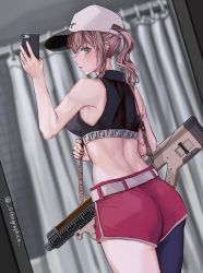 Rule 34 | 1girl, :o, absurdres, aqua eyes, ar-57, ar-57 (girls&#039; frontline), ass, assault rifle, bare arms, bare shoulders, baseball cap, belt, black legwear, blush, breasts, carbine, cellphone, cowboy shot, crop top, curtains, dutch angle, ear piercing, fn 5.7x28mm, from behind, girls&#039; frontline, gun, hat, highres, holding, holding phone, horizontal magazine, indoors, lithographica, looking at viewer, looking back, medium breasts, military cartridge, mirror, open mouth, pdw cartridge, personal defense weapon, phone, piercing, pink hair, pink shorts, pistol-caliber carbine, pistol cartridge, ponytail, reflection, rifle, see-through, selfie, short hair, shorts, single leg pantyhose, smartphone, solo, submachine gun, supersonic ammunition, taking picture, translucent, twitter username, weapon, white hat