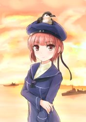 Rule 34 | 10s, 1girl, animal, animal on head, beret, bird, bird on head, brown eyes, brown hair, clothes writing, destroyer, deza, dress, hat, kantai collection, looking at viewer, md5 mismatch, military, military vehicle, on head, personification, resolution mismatch, sailor collar, sailor dress, sailor hat, seagull, ship, short hair, source larger, sunset, warship, water, watercraft, z3 max schultz (kancolle)