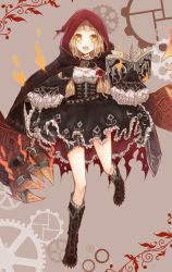 Rule 34 | 1girl, absurdres, bad id, bad pixiv id, black dress, blonde hair, blush, book, boots, bow, cloak, dress, frilled dress, frilled sleeves, frills, full body, hair bow, highres, holding, holding book, hood, hood up, hooded cloak, red riding hood (sinoalice), long hair, looking at viewer, open book, open mouth, red bow, sinoalice, sleeves past wrists, solo, unyamochi, yellow eyes
