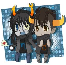 Rule 34 | 1boy, 1girl, animated, animated gif, asymmetrical horns, black hair, blue eyes, brown eyes, chibi, colored sclera, colored skin, fangs, glasses, grey skin, hair scarf, heart, homestuck, horns, jacket, joints, long hair, looking at another, lowres, mechanical legs, mismatched horns, mohawk, open mouth, pointy ears, robot joints, scarf, scorpio (symbol), shared clothes, shared scarf, sharp teeth, short hair, smile, spade, speech bubble, taurus (symbol), tavros nitram, teeth, vriska serket, ximsol182, yaya-9 (ximsol), yellow sclera