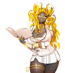 Rule 34 | 1girl, arm under breasts, artist logo, blonde hair, book, bra, bracelet, breasts, cleavage cutout, clothing cutout, cropped legs, dark skin, dress, gold eyeshadow, gold horns, gold lips, gold necklace, highres, holding, holding book, huge breasts, jewelry, kulve taroth, leglet, looking at viewer, looking down, monster hunter (series), necklace, parted lips, pechan, personification, ring, semi-rimless eyewear, smile, solo, thick thighs, thighs, underwear, white background, white bra, white bustier, white dress, yellow eyes, yellow scales