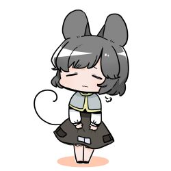 Rule 34 | 1girl, animal ears, black dress, capelet, chibi, closed eyes, closed mouth, dress, grey capelet, grey hair, highres, kurotaro, legs together, mouse ears, mouse girl, mouse tail, nazrin, short hair, simple background, solo, tail, touhou, white background