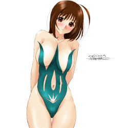 Rule 34 | 1girl, ahoge, areola slip, arms behind back, breasts, brown eyes, brown hair, dated, head tilt, large breasts, navel, ryouzou, signature, simple background, solo, swimsuit, white background