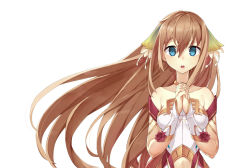 Rule 34 | 1girl, animal ears, ar nosurge, bare shoulders, blue eyes, brown hair, flower, hair flower, hair ornament, ionasal kkll preciel, long hair, own hands clasped, own hands together, simple background, solo, surge concerto, tatsuwo