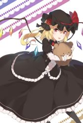 Rule 34 | 1girl, alternate color, alternate costume, black dress, black legwear, blonde hair, crystal, dress, emushake, flandre scarlet, gothic lolita, hat, hat ribbon, highres, lolita fashion, long sleeves, md5 mismatch, mob cap, open mouth, puffy sleeves, red eyes, resized, resolution mismatch, ribbon, side ponytail, smile, solo, source larger, stuffed animal, stuffed toy, teddy bear, touhou, wings