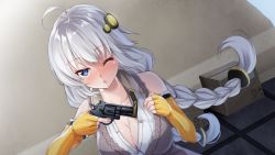 Rule 34 | 1girl, ;o, ahoge, bare shoulders, blue eyes, blush, braid, breasts, cleavage, collarbone, commentary request, dress shirt, dutch angle, elbow gloves, fingernails, gloves, gun, hair ornament, handgun, heart, heart-shaped pupils, holding, holding gun, holding weapon, kizuna akari, large breasts, long hair, looking at viewer, merxkialis, one eye closed, shirt, silver hair, solo, symbol-shaped pupils, trigger discipline, twin braids, very long hair, voiceroid, weapon, white shirt, wing collar, yellow gloves