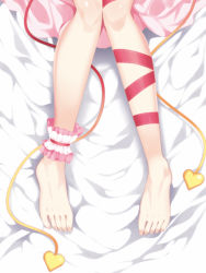 Rule 34 | 1girl, ankle cuffs, barefoot, bed sheet, commentary request, heart, knees together feet apart, komeiji satori, leg ribbon, lying, maturiuta sorato, on back, out of frame, red ribbon, ribbon, shadow, solo, touhou