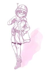 Rule 34 | 1girl, bag, belt, bike shorts, boots, chrono trigger, closed mouth, full body, glasses, greyscale, helmet, highres, looking at viewer, lucca ashtear, monochrome, satchel, scarf, short hair, simple background, skirt, smile, solo, tonkotsumonmon, white background