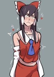 Rule 34 | 1boy, absurdres, ascot, black hair, blue ascot, blush, bow, closed mouth, collared shirt, commentary request, cookie (touhou), covered erect nipples, cowboy shot, detached sleeves, frilled bow, frills, grey background, hair bow, hair tubes, hakurei reimu, heart, highres, long hair, male focus, midriff, mugi (cookie), nose blush, red bow, red shirt, red skirt, ribbon-trimmed sleeves, ribbon trim, sailor collar, shirt, shitsumin, simple background, skirt, skirt set, sleeveless, sleeveless shirt, solo, touhou, trap, trembling, white sailor collar, white sleeves, wide sleeves