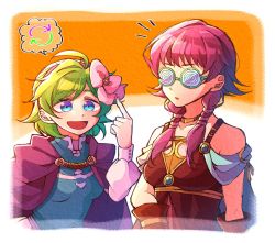 Rule 34 | 2girls, blue eyes, bow, cape, choker, coke-bottle glasses, fire emblem, fire emblem: the blazing blade, fire emblem: the sacred stones, fire emblem heroes, glasses, green hair, hair bow, hairband, hzk (ice17moon), long hair, long sleeves, low twintails, lute (fire emblem), multiple girls, nino (fire emblem), nintendo, parted lips, pink bow, purple cape, purple hair, short hair, twintails