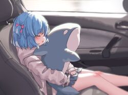 Rule 34 | 1girl, aoi tori, blue hair, blue skirt, blurry, blurry background, blush, bow, car interior, closed eyes, depth of field, feet out of frame, from side, hair bow, highres, hood, hood down, hoodie, long sleeves, hugging object, one side up, original, parted lips, pink bow, pleated skirt, puffy long sleeves, puffy sleeves, seatbelt, skirt, sleeping, sleeves past wrists, solo, stuffed animal, stuffed dolphin, stuffed toy, teru-chan (aoi tori), white hoodie