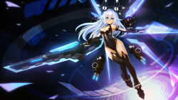 Rule 34 | 10s, 1girl, bad id, bad pixiv id, bare shoulders, black heart (neptunia), blue eyes, breasts, cleavage, highres, leotard, long hair, looking at viewer, neptune (series), noire (neptunia), silver hair, solo, thighhighs, weapon, wings, zhuore zhi hen