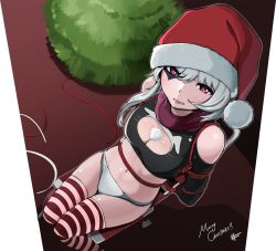 Rule 34 | 1girl, arms behind back, bare shoulders, bdsm, between breasts, bondage, bound, breasts, chair, christmas tree, cleavage, cleavage cutout, clenched teeth, clothing cutout, dorothy (sharpffffff), facepaint, folding chair, from above, hat, highres, long hair, looking at viewer, merry christmas, navel, off-shoulder shirt, off shoulder, original, panties, purple eyes, restrained, rope, santa hat, sharpffffff, shirt, silver hair, sitting, snow, solo, striped clothes, striped thighhighs, teeth, thighhighs, underwear, white panties