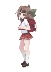 Rule 34 | 1girl, :t, aged down, alternate costume, backpack, bag, blush, bow, brown footwear, closed mouth, forehead protector, full body, green bow, hair bow, headband, highres, jintsuu (kancolle), kantai collection, kneehighs, long hair, looking at viewer, miniskirt, pink skirt, pleated skirt, pout, randoseru, shoes, short sleeves, simple background, skirt, socks, solo, standing, white background, white socks, wo jianqiang fu guo