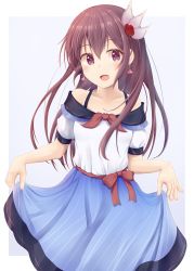 Rule 34 | 1girl, alternate costume, blue sailor collar, blue skirt, border, bow, brown hair, collarbone, cowboy shot, earrings, hair between eyes, hair ornament, highres, jewelry, kantai collection, kisaragi (kancolle), long hair, looking at viewer, minakami mimimi, off shoulder, open mouth, puffy short sleeves, puffy sleeves, purple background, purple eyes, red bow, sailor collar, shirt, short sleeves, skirt, skirt hold, smile, solo, striped clothes, striped skirt, vertical-striped clothes, vertical-striped skirt, white background, white border, white shirt