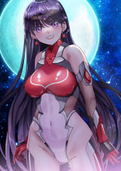Rule 34 | 1girl, absurdres, arion canvas, bishoujo senshi sailor moon, black hair, bodysuit, breasts, circlet, covered navel, crotch, earrings, elbow gloves, gem, gloves, highleg, highleg leotard, highres, hino rei, impossible clothes, impossible leotard, jewelry, large breasts, leotard, lips, long hair, looking at viewer, moon, navel, outdoors, purple eyes, purple gemstone, red bodysuit, sailor mars, skin tight, sky, smile, solo, star (sky), star (symbol), star earrings, starry sky, taimanin (series), taimanin suit