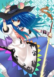 Rule 34 | &gt;:), 1girl, apron, bad id, bad pixiv id, blue hair, bow, dress, female focus, food, fruit, garigarigari, hand on headwear, hat, hinanawi tenshi, long hair, peach, red eyes, smile, solo, sword, sword of hisou, touhou, v-shaped eyebrows, weapon