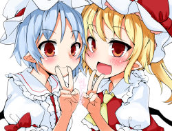 Rule 34 | 2girls, ascot, blonde hair, blue hair, blush, bow, cheek-to-cheek, commentary, fang, flandre scarlet, frills, hand up, harry (namayake), hat, hat ribbon, heads together, long hair, mob cap, multiple girls, open mouth, pointy ears, ponytail, red bow, red eyes, red ribbon, red vest, remilia scarlet, ribbon, shirt, siblings, simple background, sisters, slit pupils, smile, touhou, upper body, v, vest, white background, white headwear, white shirt, wings, yellow ascot