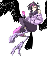 Rule 34 | 1girl, absurdres, andy9610, animal hands, ava (orc massage), bags under eyes, bare shoulders, bird legs, bird tail, black feathers, black hair, black wings, blush, breasts, cellphone, covered erect nipples, feathered wings, feathers, hair between eyes, hair ornament, hairclip, harpy, highres, holding, holding phone, jacket, looking at viewer, mask, mask on head, medium hair, monster girl, multicolored hair, orc massage, phone, pink eyes, pink hair, pink jacket, simple background, small breasts, smartphone, solo, tail, white background, wings
