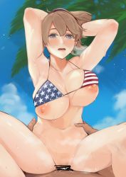 Rule 34 | 1boy, 1girl, absurdres, american flag bikini, american flag print, beach, bikini, blush, breasts, brown hair, censored, commission, commissioner upload, cowgirl position, feet out of frame, female pubic hair, flag print, hands on another&#039;s hips, heart, heart-shaped pupils, hetero, highres, intrepid (kancolle), kantai collection, large breasts, looking at viewer, nipples, outdoors, palm tree, ponytail, print bikini, pubic hair, sex, short hair, skeb commission, straddling, sweat, swimsuit, symbol-shaped pupils, tree, vaginal, wasavi 8