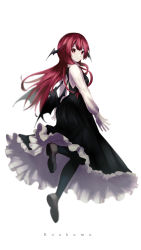 Rule 34 | 1girl, absurdres, bat wings, black pantyhose, black skirt, black vest, bloom, blurry, breasts, closed mouth, depth of field, eyebrows hidden by hair, from behind, full body, head wings, highres, koakuma, light smile, long hair, looking at viewer, looking back, pantyhose, petticoat, red eyes, shirt, simple background, skirt, small breasts, solo, somei ooo, touhou, very long hair, vest, white background, white shirt, wings
